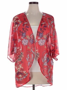 Boho Floral High-Low Kimono Red & Purple Medium Oversized